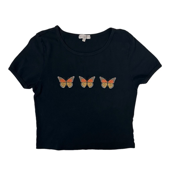 Urban Outfitters Truly Madly Deeply Black Butterfly Baby Tee Crop Top - Picture 2 of 4